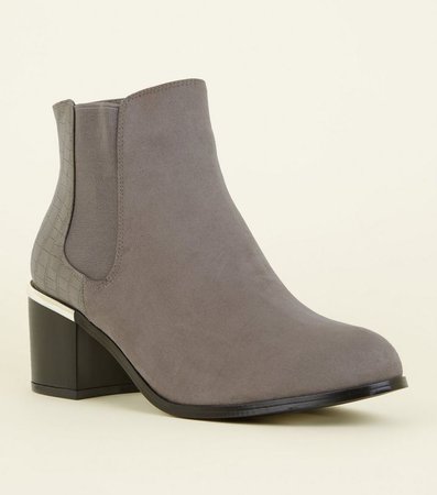 Wide Fit Grey Suedette Faux Croc Panel Boots | New Look