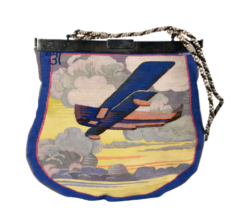 1928, Josèph Andrée Chouanard, Purse. Silk. Woven by the 17th century tapestry factory at Beauvais, France. Via Cooper Hewitt. It shows the popularity of air travel, automobile touring and cross-country racing in the