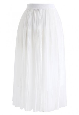 Exquisite Mesh Lace Pleated Midi Skirt in White - NEW ARRIVALS - Retro, Indie and Unique Fashion