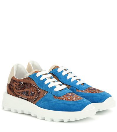 Paisley suede-trimmed sneakers