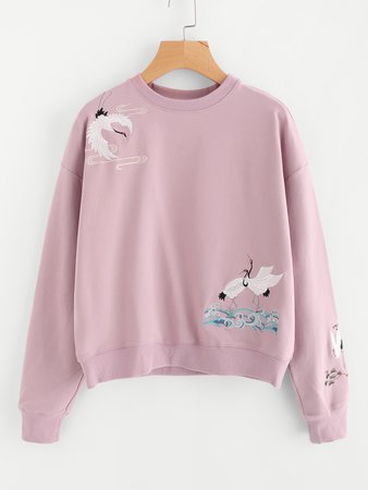 Drop Shoulder Crane Bird Embroidered Sweatshirt