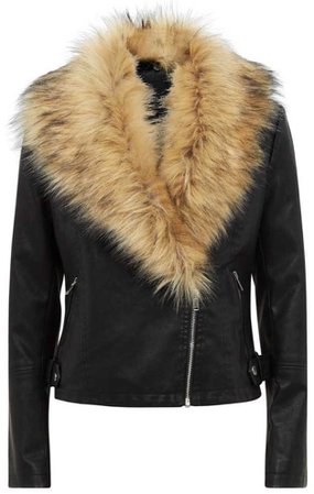 new look black leather-look faux fur collar jacket