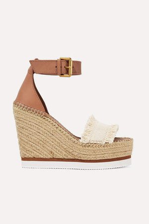 Leather And Canvas Espadrille Wedge Sandals - White