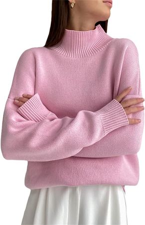Amazon.com: Women's Turtleneck Sweater Autumn and Winter Thickened Warm Pullover Top Casual Loose Knitted Pullover MY0008 Pink One Size : Clothing, Shoes & Jewelry