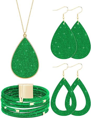 Amazon.com: 4 Pieces Women's Glitter Jewelry Set Bridal Wedding Multi-Layer Bracelet Faux Leather Dangle Earrings Necklace (Green): Clothing, Shoes & Jewelry