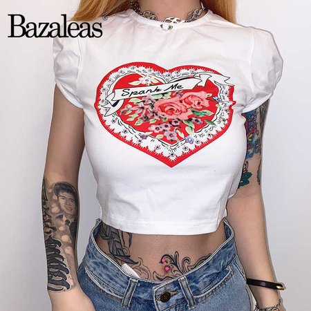 Bazaleas harajuku Spank Me Print Cropped t shirt Cute Heart Women T shirt Fashion White Crop Top gothic women tshirt|T-Shirts| - AliExpress