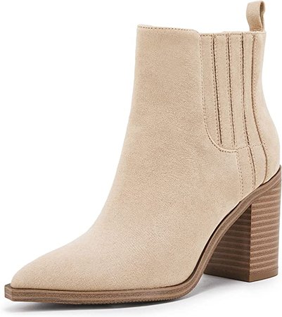 Amazon.com | Womens Ankle Boots Slip on Pointed Toe Chunky Block Mid Heel Leather Elastic Panel Casual Chelsea Western Booties | Ankle & Bootie
