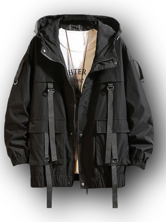 black Nutriangee Mens Hip Hop Streetwear Windbreaker Jacket Lightweight Casual Outdoor Bomber Ribbons Coat