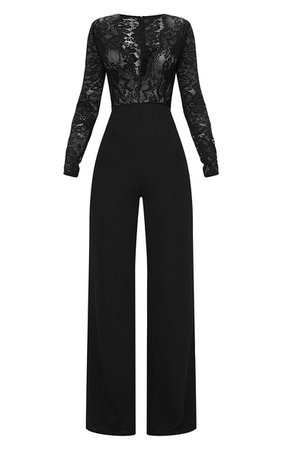 Pretty Little Thing Black Lace Long Sleeve Plunge Jumpsuit