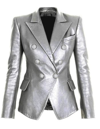 Silver Double-breasted Leather Blazer $500
