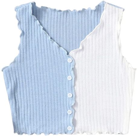 Amazon.com: SheIn Girl's Colorblock Sleeveless Button Down V Neck Lettuce Trim Crop Tank Top Blue White 10Y: Clothing, Shoes & Jewelry