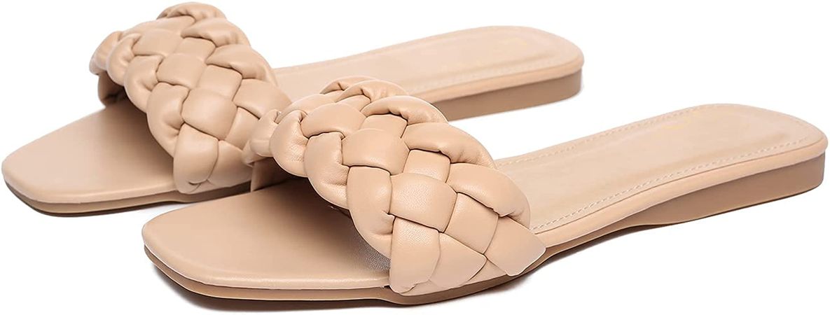 Amazon.com: RAGEFIVE Braided Sandals For Womens Square Open Toe Flat Slides Sandals Cute Sandals for Women Dressy Summer Casual Comfortable Slip On Sandals Beige Size 9 : Clothing, Shoes & Jewelry