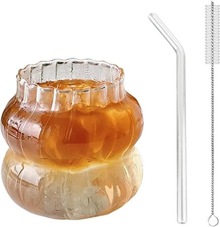 Iced Coffee Cup with Straw 18 oz Glass Clear Ripple Coffee Mug with Glass Straw and Straw Cleaner Brush Ribbed Glassware Boba Cup Smoothie Cup Water Glasses : Home & Kitchen