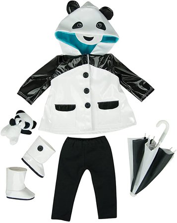 Amazon.com: 18" Doll Clothes - 5 Pc Deluxe Panda RAIN Coat - Includes: Rain Panda Hood Jacket - Umbrella - Boots - Pants & a Cute Plush Panda Bear - Design in USA!!: Toys & Games