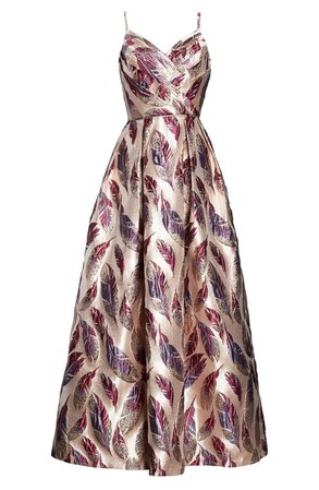 Morgan & Co. Feather Brocade A-Line Gown rose