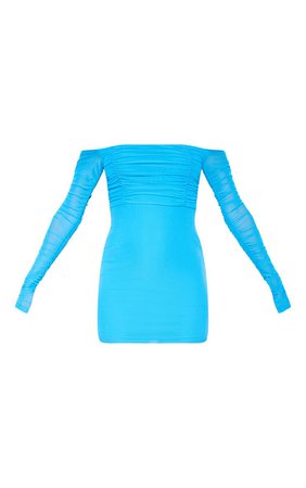 Blue Ruched Mesh Bardot Bodycon Dress | PrettyLittleThing USA