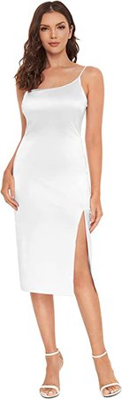 Amazon.com: Romwe Women's Elegant One Shoulder Sleeveless Split Hem Satin Party Cocktail Midi Dress White S : Clothing, Shoes & Jewelry