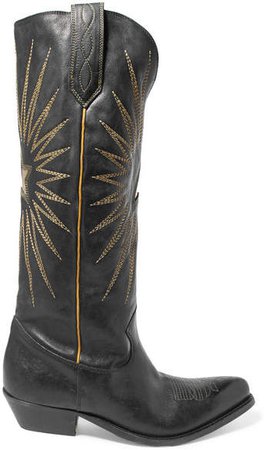 Embroidered Leather Knee Boots - Black
