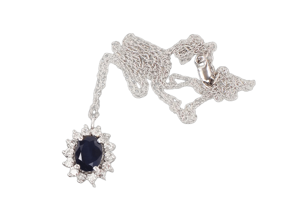 Vintage 14k Diamond Sapphire Necklace, White Gold Diamond Halo Necklace, Natural Blue Sapphire Pendant, September Birthstone Necklace