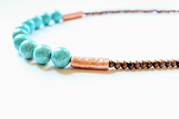 Turquoise and copper necklace wood beaded necklace Copper