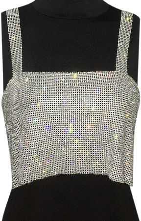 RARITYUS Women Sexy Shiny Rhinestone Tank Top Crop Top Sleeveless Vest Shirt for Night Club Party Rave Outfit at Amazon Women’s Clothing store