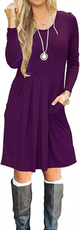 AUSELILY Women's Long Sleeve Pleated Loose Swing Casual Dress with Pockets Knee Length (M, Purple) at Amazon Women’s Clothing store