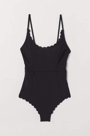 Scalloped-edge Swimsuit - Black