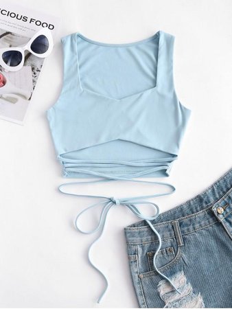 [34% OFF] [POPULAR] 2020 Tied Solid Crop Tank Top In BLUE | ZAFUL