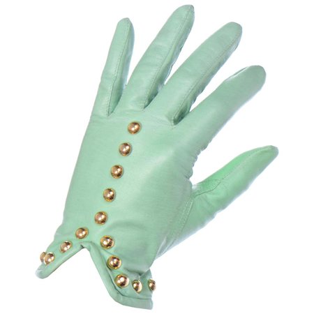 1980s Vintage Escada Mint Green Leather Gloves With Gold Studs