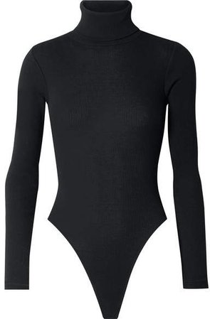 Ribbed Stretch-cotton Jersey Turtleneck Thong Bodysuit - Black