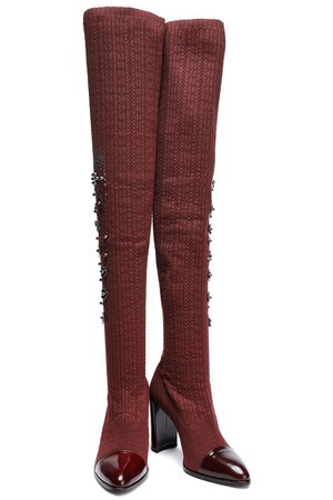 Merlot Leather-trimmed embellished pointelle-knit over-the-knee boots | Sale up to 70% off | THE OUTNET | STUART WEITZMAN | THE OUTNET
