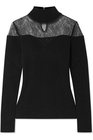 Fendi | Lace-trimmed ribbed wool and cashmere-blend turtleneck sweater | NET-A-PORTER.COM