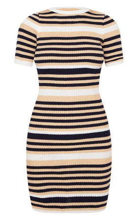 PrettyLittleThing Cream Striped Knitted Short Sleeve Dress