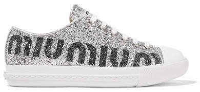 Logo-print Glittered Leather Sneakers - Silver