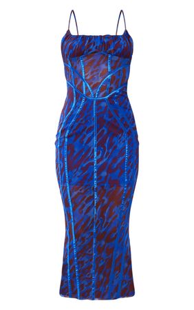 Blue Leopard Print Mesh Binding Detail Midaxi Dress | PrettyLittleThing USA