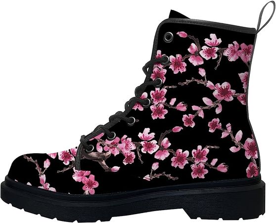 Amazon.com | Cherry Blossom Boots for Women Men Combat Boots Vegan Leather Boots Pink Flower Floral Japanese Vintage Work Boots Shoes for Boy Girl,Size 3.5 Men/5 Women Black | Outdoor