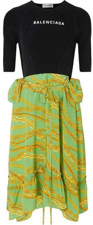Printed Jersey And Silk-crepe Dress - Green