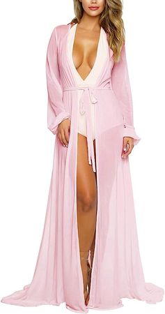 Women's Sexy Thin Mesh Long Sleeve Tie Front Swimsuit Swim Beach Maxi Cover Up Dress at Amazon Women’s Clothing store