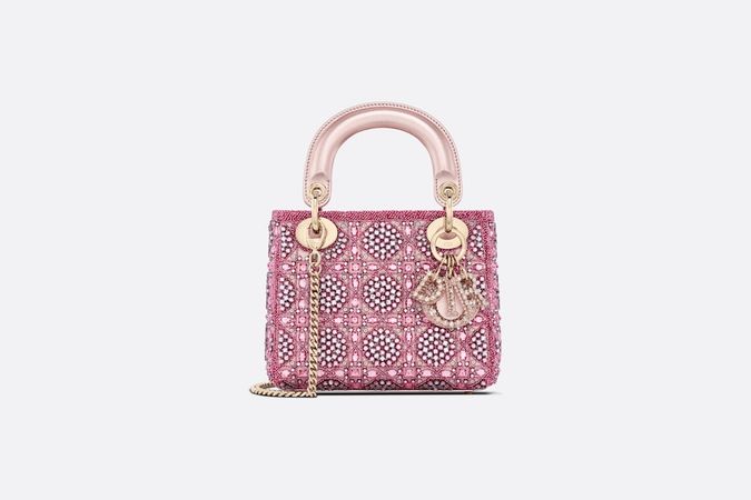 Mini Lady Dior Bag Metallic Calfskin and Satin with Rose Des Vents Resin Pearl Embroidery | DIOR