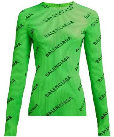 Diagonal Logo Printed Ribbed Knit Top - Womens - Green Multi