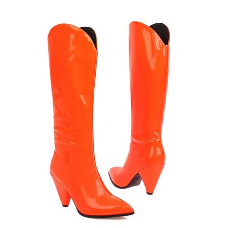 Rose Red Orange Yellow Black Women Knee High Boots Spike High Heel Slip on Ladies Boots Patent PU Leather Pointed Toe Boots|Knee-High Boots| - AliExpress