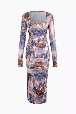Floral Print Ruched Slit Midi Dress – Micas