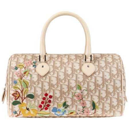 CHRISTIAN DIOR S/S 2005 Beige Diorissimo Canvas Floral Embroidered Boston Bag For Sale at 1stdibs