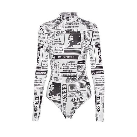Long Sleeve Newspaper Printed Bodysuit