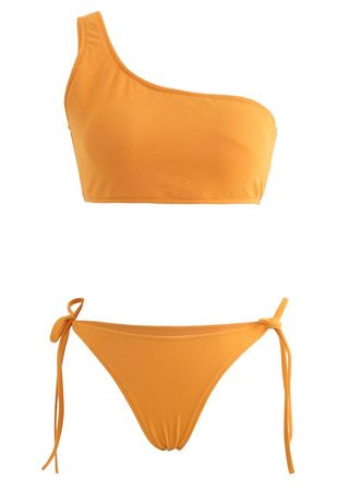 One-Shoulder Tie Side Low Rise Bikini Set in Mustard - Retro, Indie and Unique Fashion