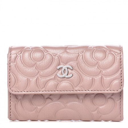 CHANEL Goatskin Camellia Embossed Card Holder Wallet Light Pink 403636