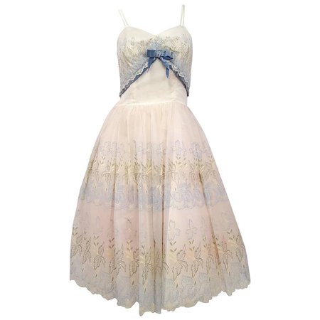 50s Embroidered Organza Party Dress For Sale at 1stdibs