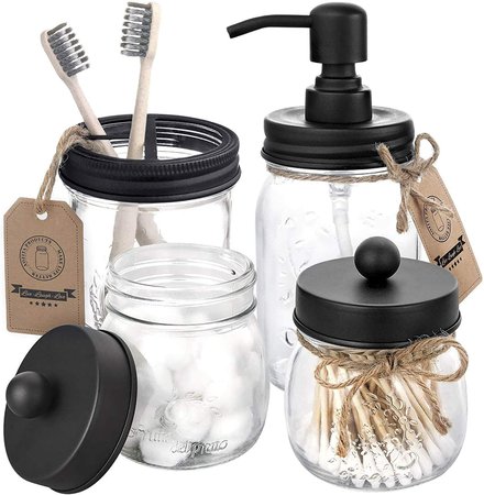 Mason Jar Bathroom Accessories Set 4 Pcs - Mason Jar Soap Dispenser & 2 Apothecary Jars & Toothbrush Holder - Rustic Farmhouse Decor, Bathroom Home Decor Clearance, Countertop Vanity Organize - Black: Home & Kitchen