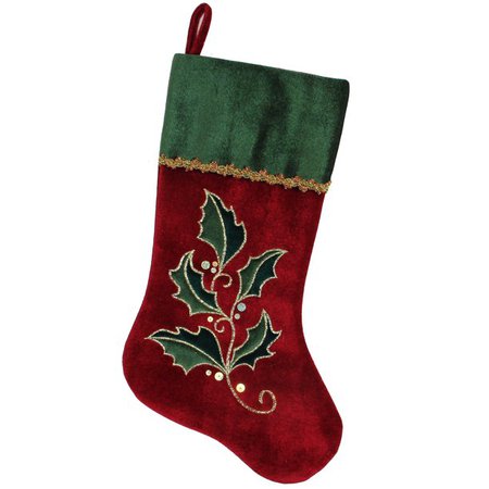 21" Red and Green Holly Embroidered Velvet Christmas Stocking - Walmart.com - Walmart.com
