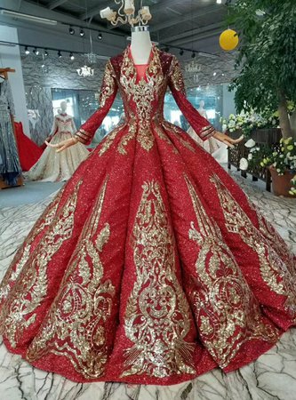 Red Ball Gown Sequins V-neck Long Sleeve Gold Sequins Appliques Wedding Dress